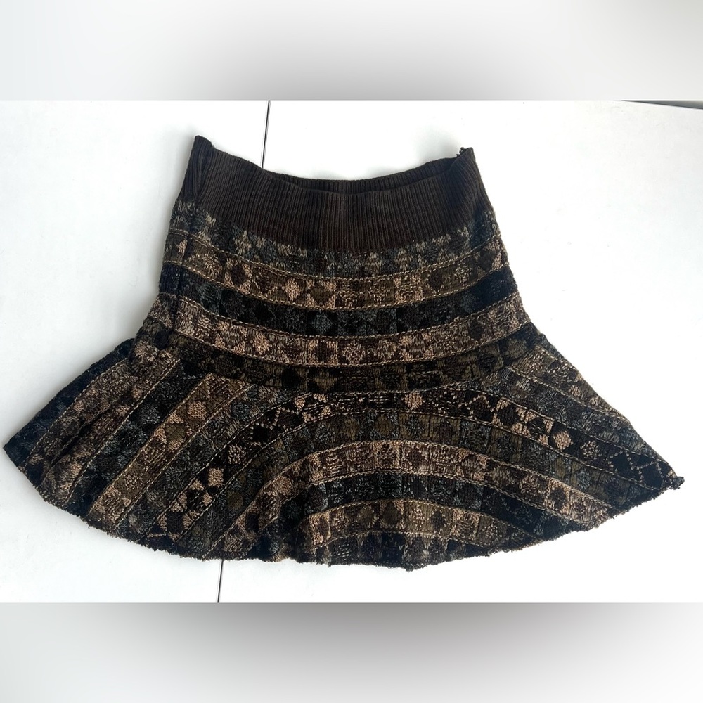 Furst of a Kind Knit Mini Skirt‎ Brown Geometric Boho Flare XS/S